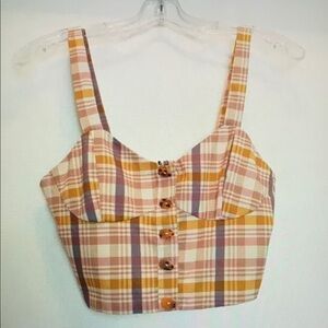 Plaid Button-Up Crop Top in Warm Tones